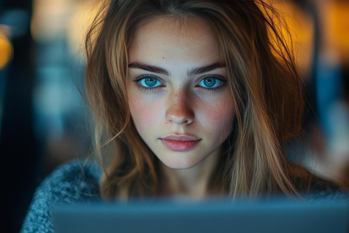 Young woman focused on reading while surrounded by warm lights in a cozy setting photo