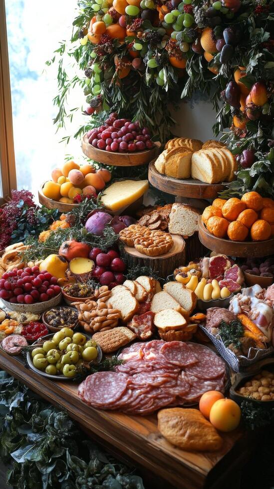 Buffet table filled with assorted food items and fresh ingredients in a cozy setting photo