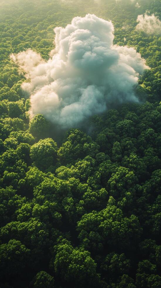 Lush green forest landscape under a bright blue sky with fluffy clouds photo