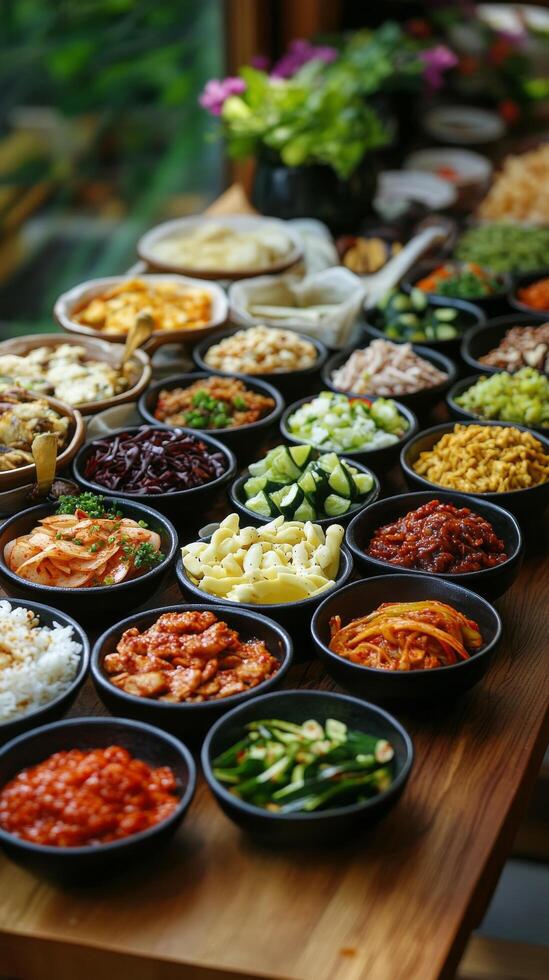 Colorful assortment of fresh salads and toppings arranged on wooden table photo