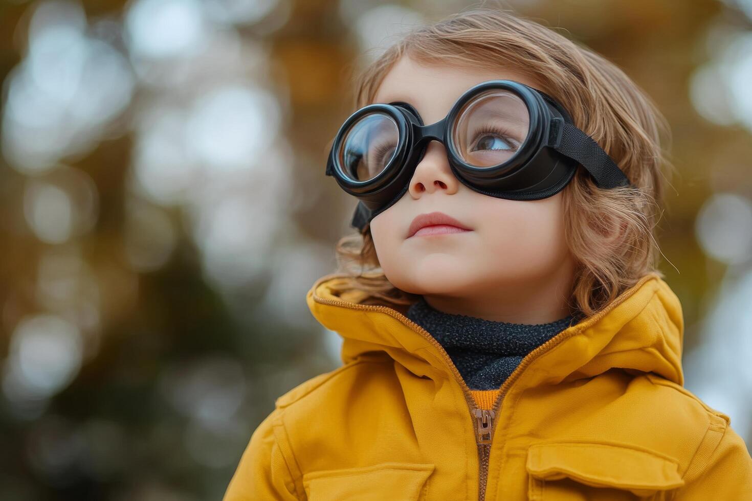 Child wearing yellow raincoat and large round glasses in urban environment on a rainy day photo