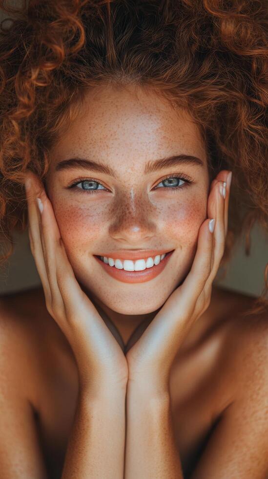 Smiling young woman with curly hair and freckles expressing joy in a natural setting photo