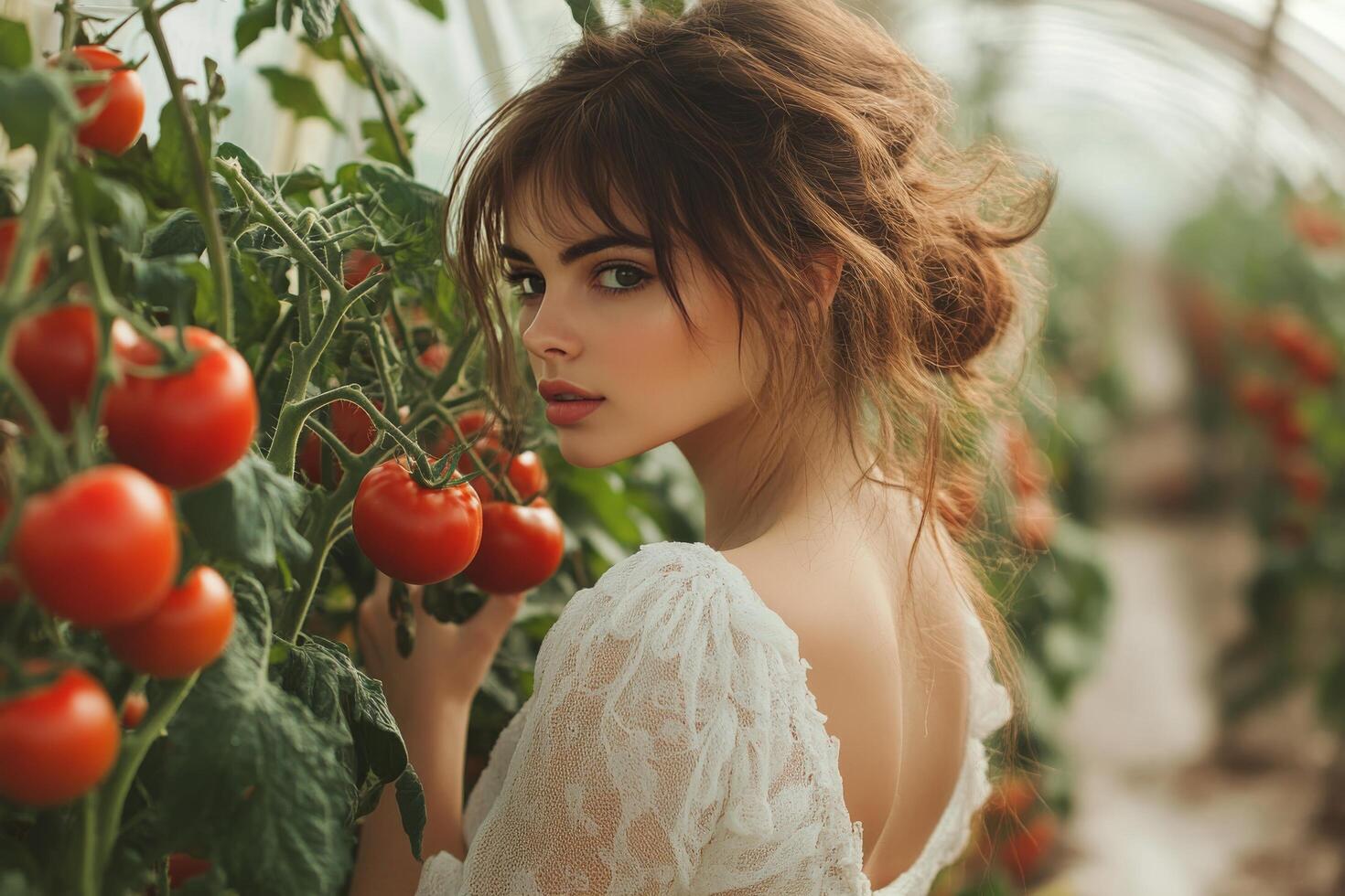 Young woman in a greenhouse surrounded by ripe tomatoes during daylight hours photo
