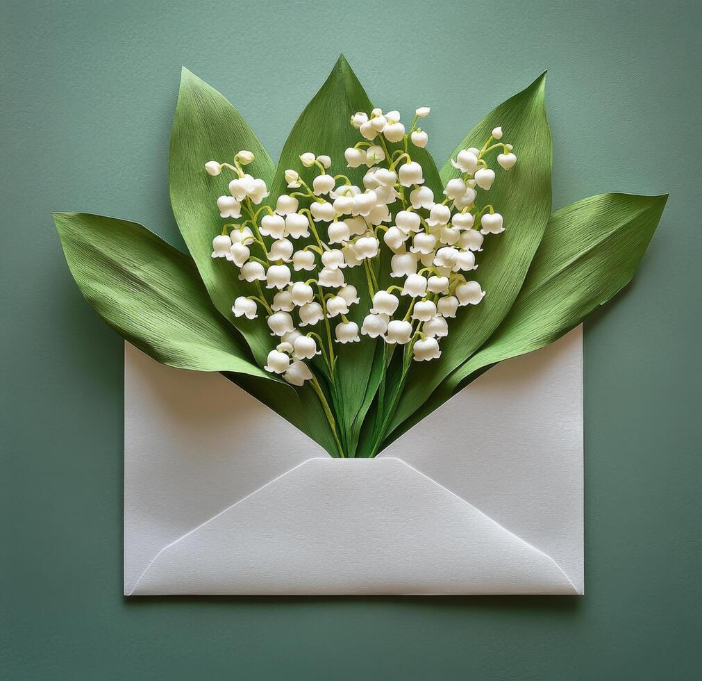 Beautiful arrangement of lily of the valley flowers in an open white envelope on a gray background photo