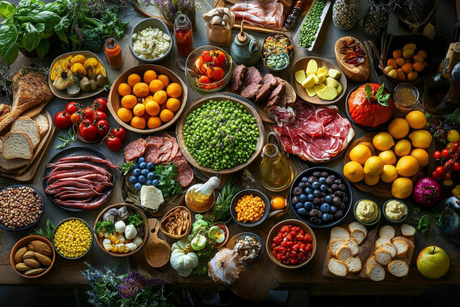 Vibrant assortment of fresh foods displayed on wooden table at local gathering during daylight hours photo