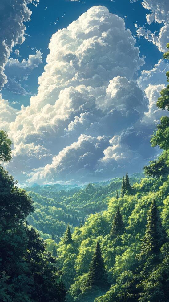 Lush green forest landscape under a bright blue sky with fluffy clouds photo