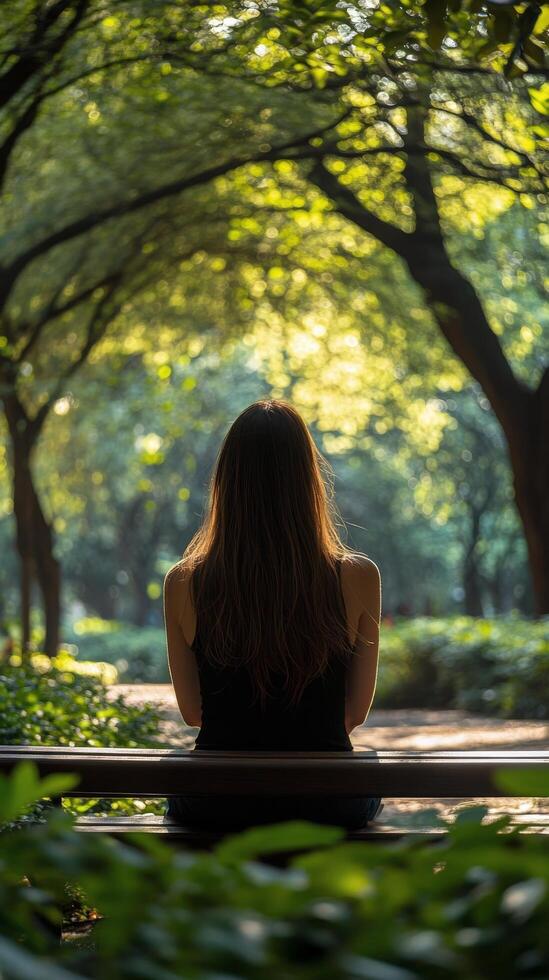 Relaxing solitude in a sunlit park surrounded by lush trees during late afternoon photo
