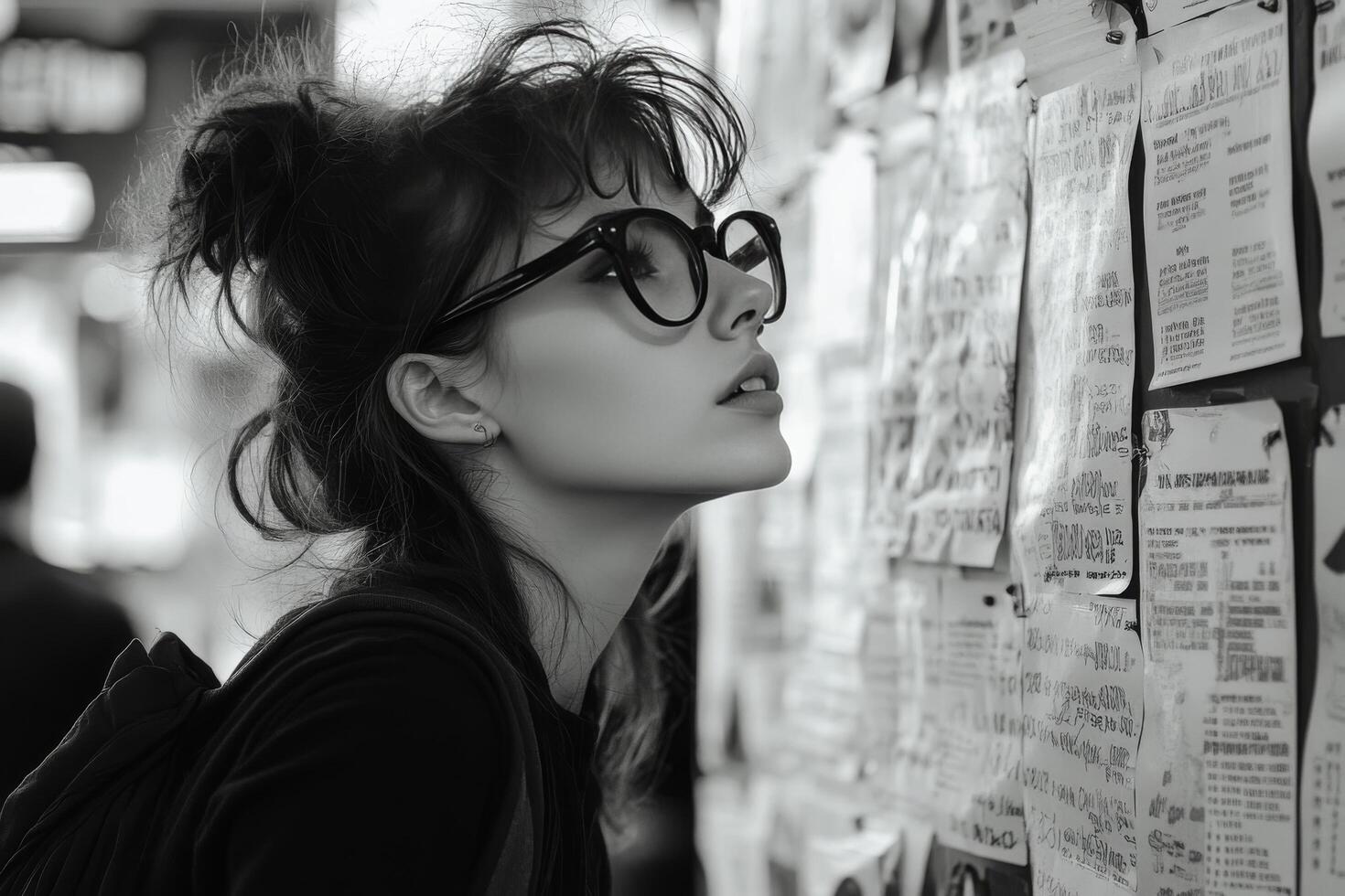 Young woman examining bulletin board filled with notices in a busy urban environment photo