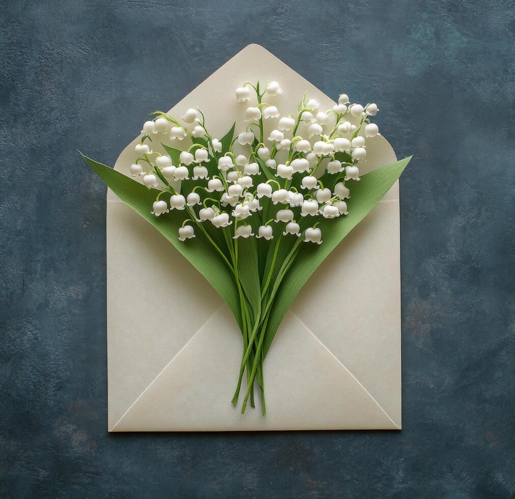 Beautiful arrangement of lily of the valley flowers in an open white envelope on a gray background photo