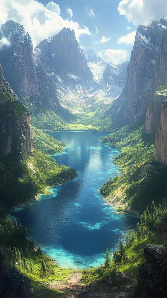Majestic mountain landscape with lush greenery and a tranquil lake photo