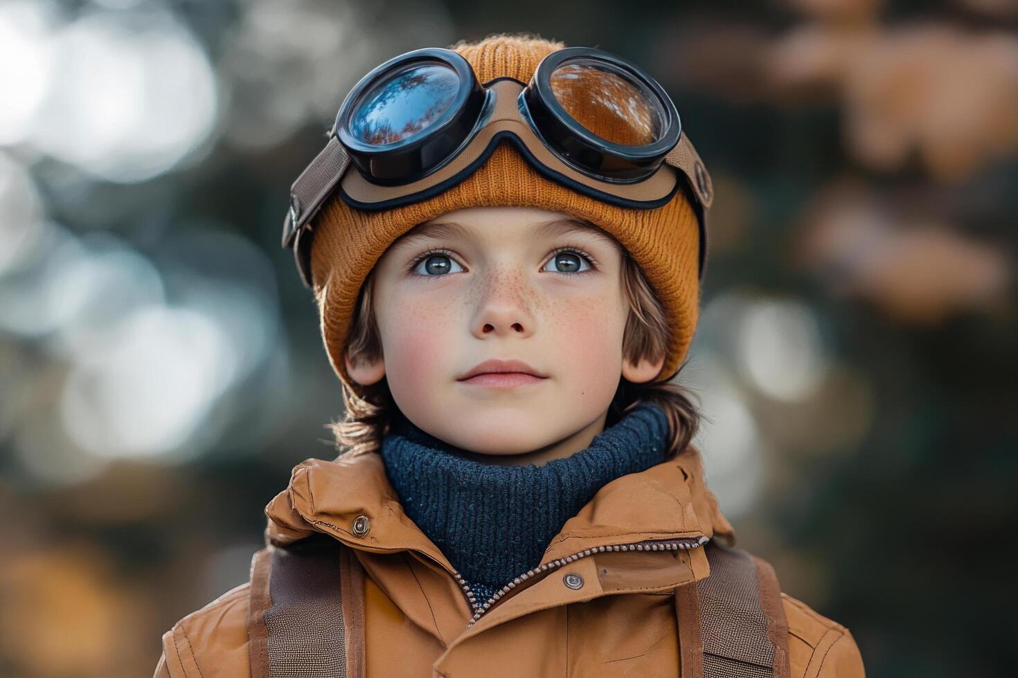 Young boy exploring nature with bright goggles looking up towards the sky in a forest photo