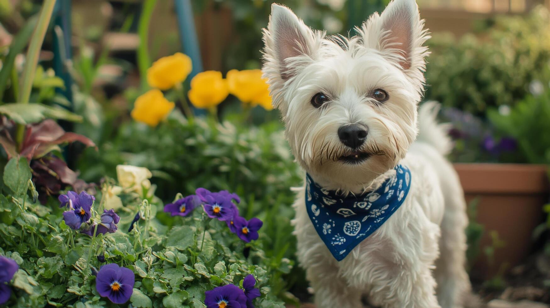 Small white dog with blue bandana in vibrant garden full of flowers during sunny day photo