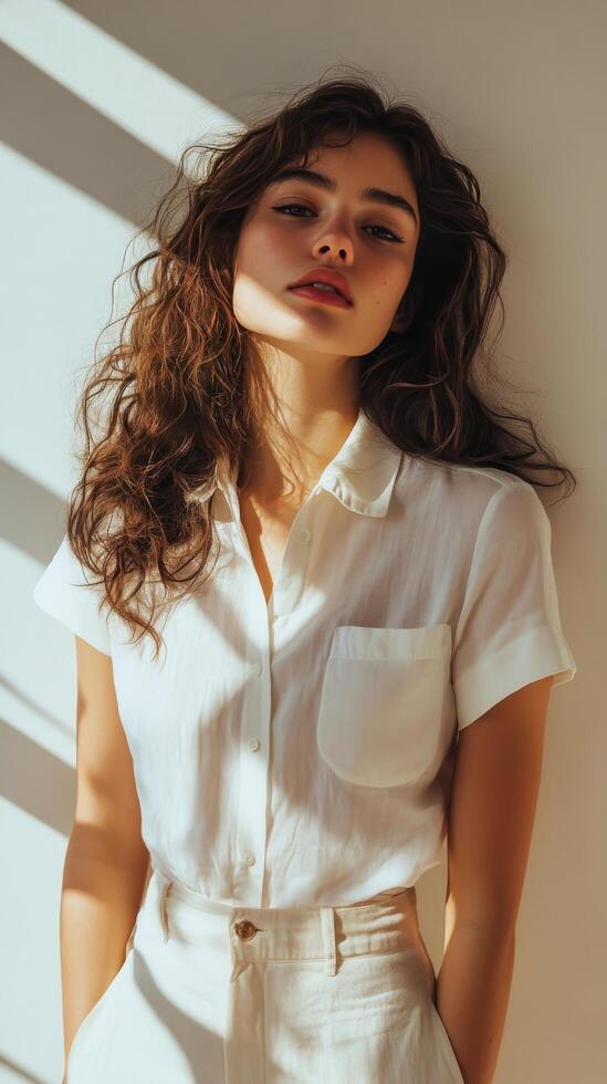 Elegant portrait of a young woman in a stylish white shirt against a dark background photo