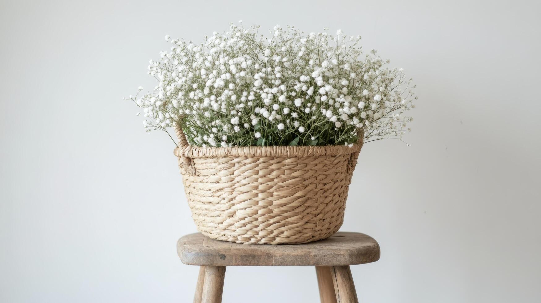 Beautiful white flowers in a woven basket on a wooden stool, perfect for home decor in a minimalist setting photo