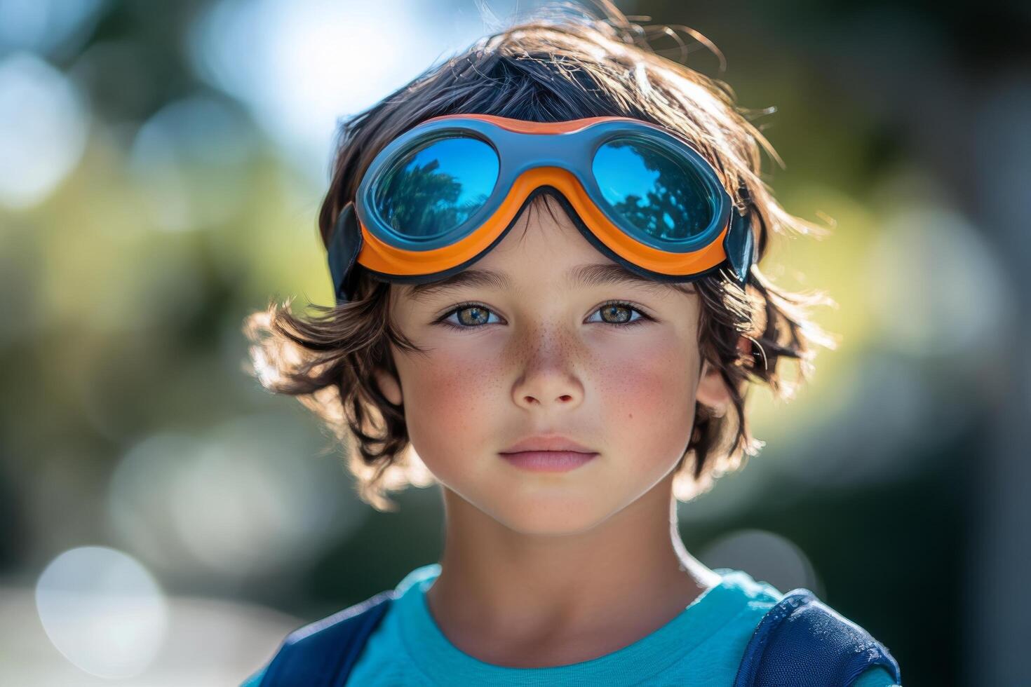 Young boy exploring nature with bright goggles looking up towards the sky in a forest photo