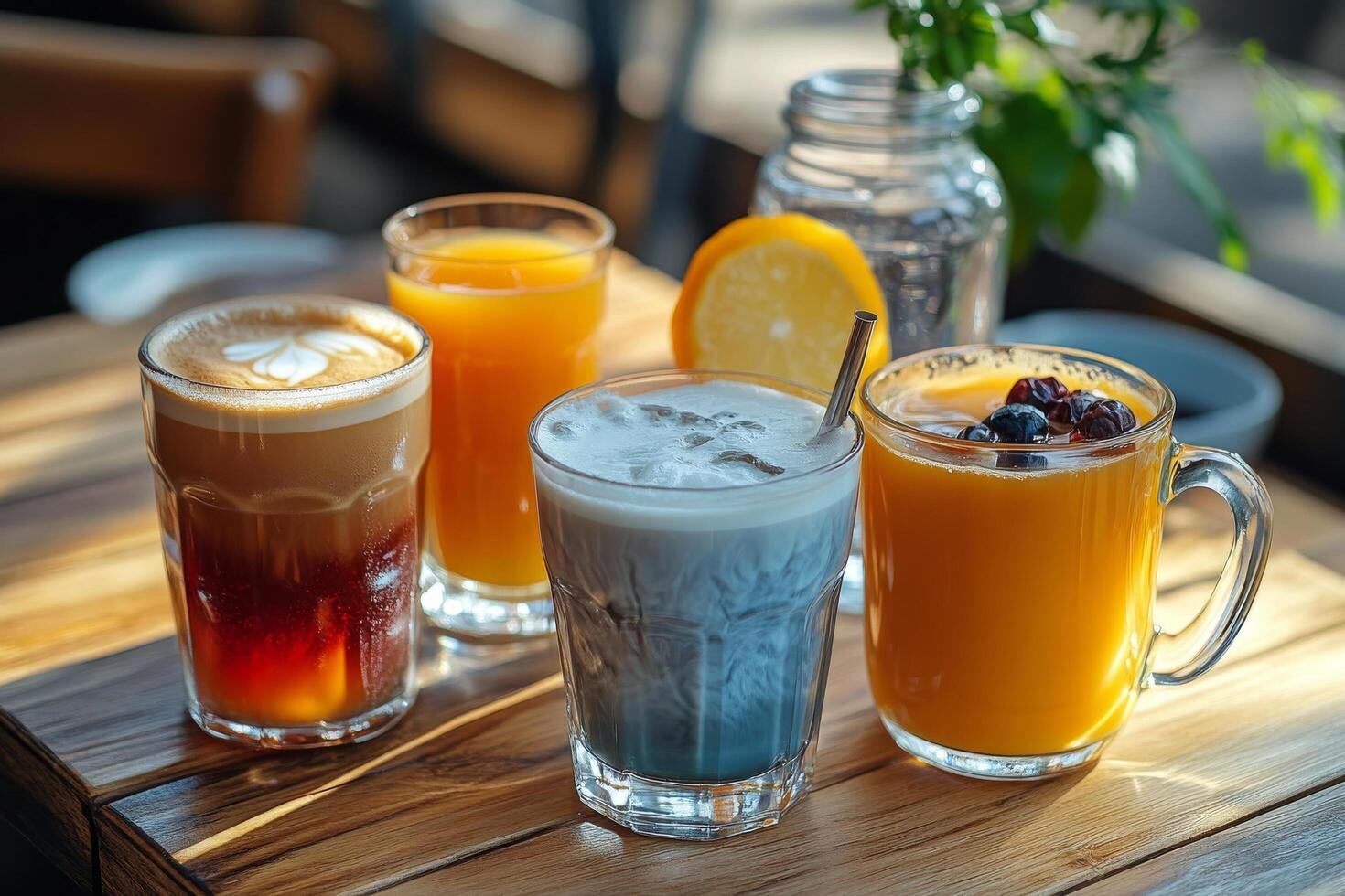 Refreshing assortment of cold beverages on a wooden table in a casual setting photo