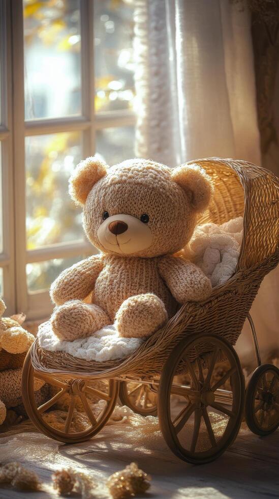Cozy knitted teddy bears in a vintage stroller by the window on a sunny afternoon photo