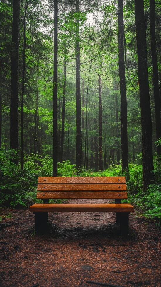 Serene wooden bench along a tranquil pathway in a lush tropical forest photo