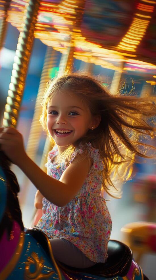 Joyful girl riding a carousel horse at a summer fair in an amusement park photo