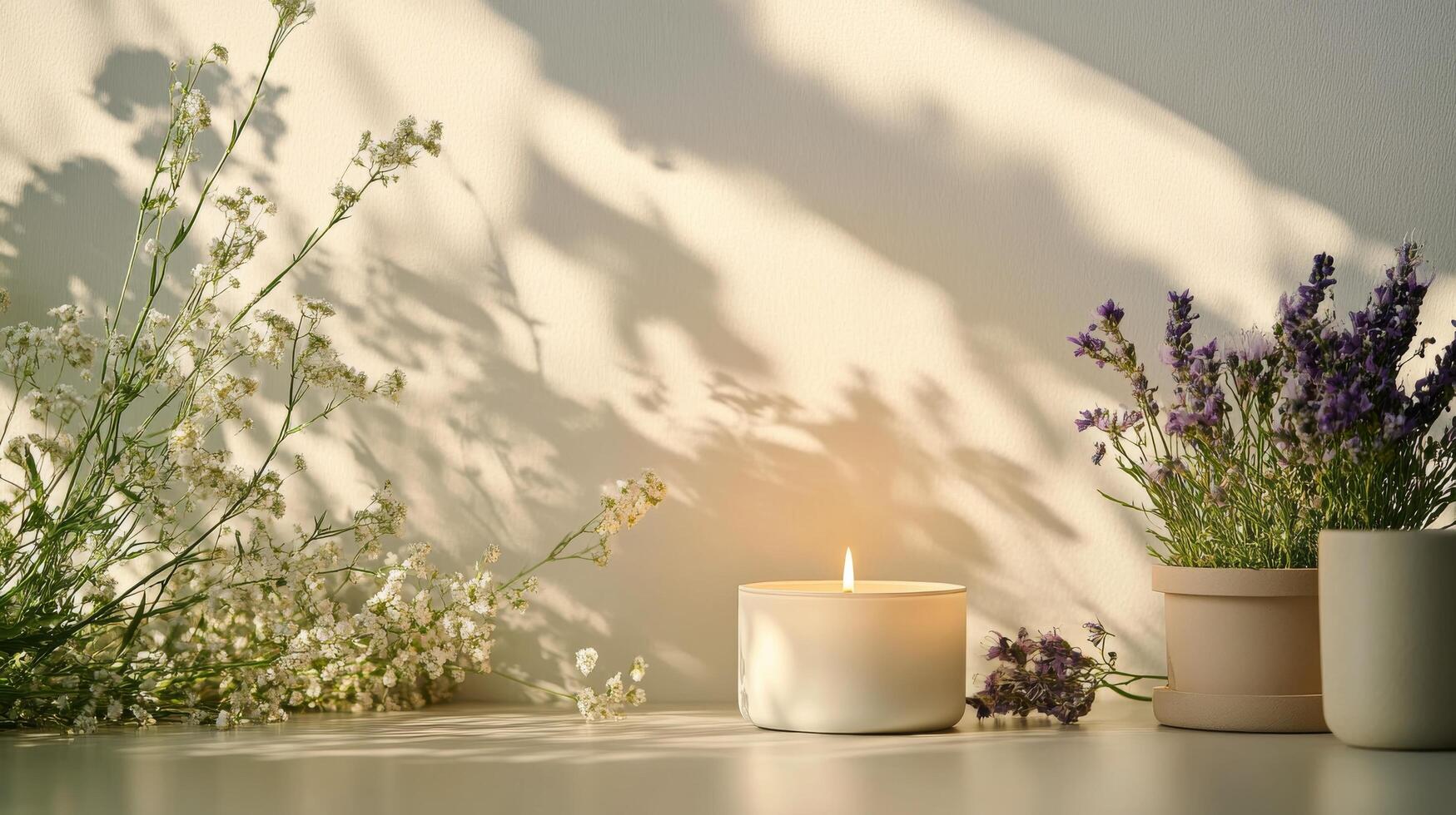 Elegant candle surrounded by fresh flowers in natural sunlight on a neutral surface photo