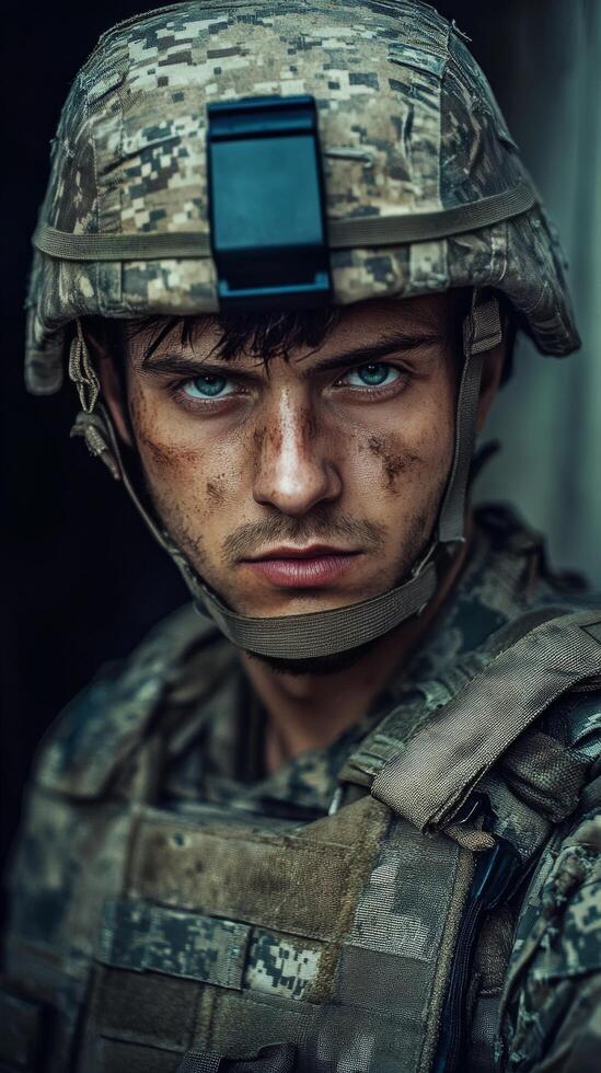 Soldier in vintage military uniform posing with serious expression in natural light photo