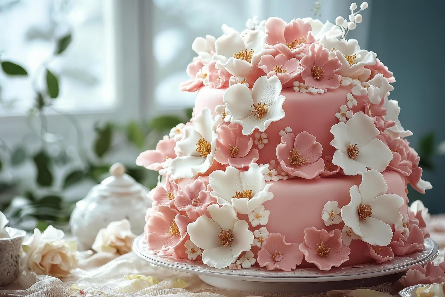 Elegant dessert table adorned with floral decorations during a special celebration photo