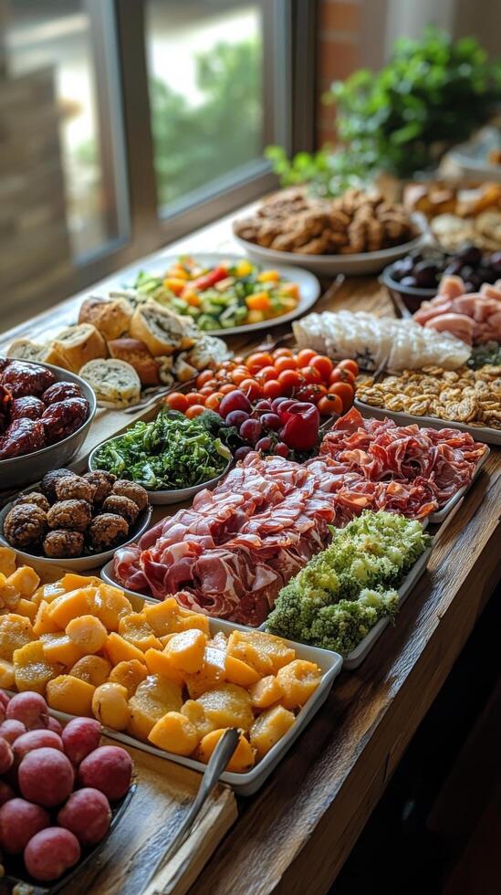 Buffet table filled with assorted food items and fresh ingredients in a cozy setting photo
