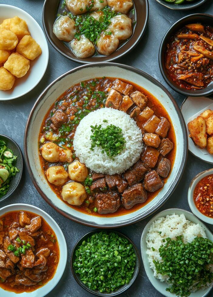 Delicious assortment of traditional dishes arranged on plates at a dining table photo