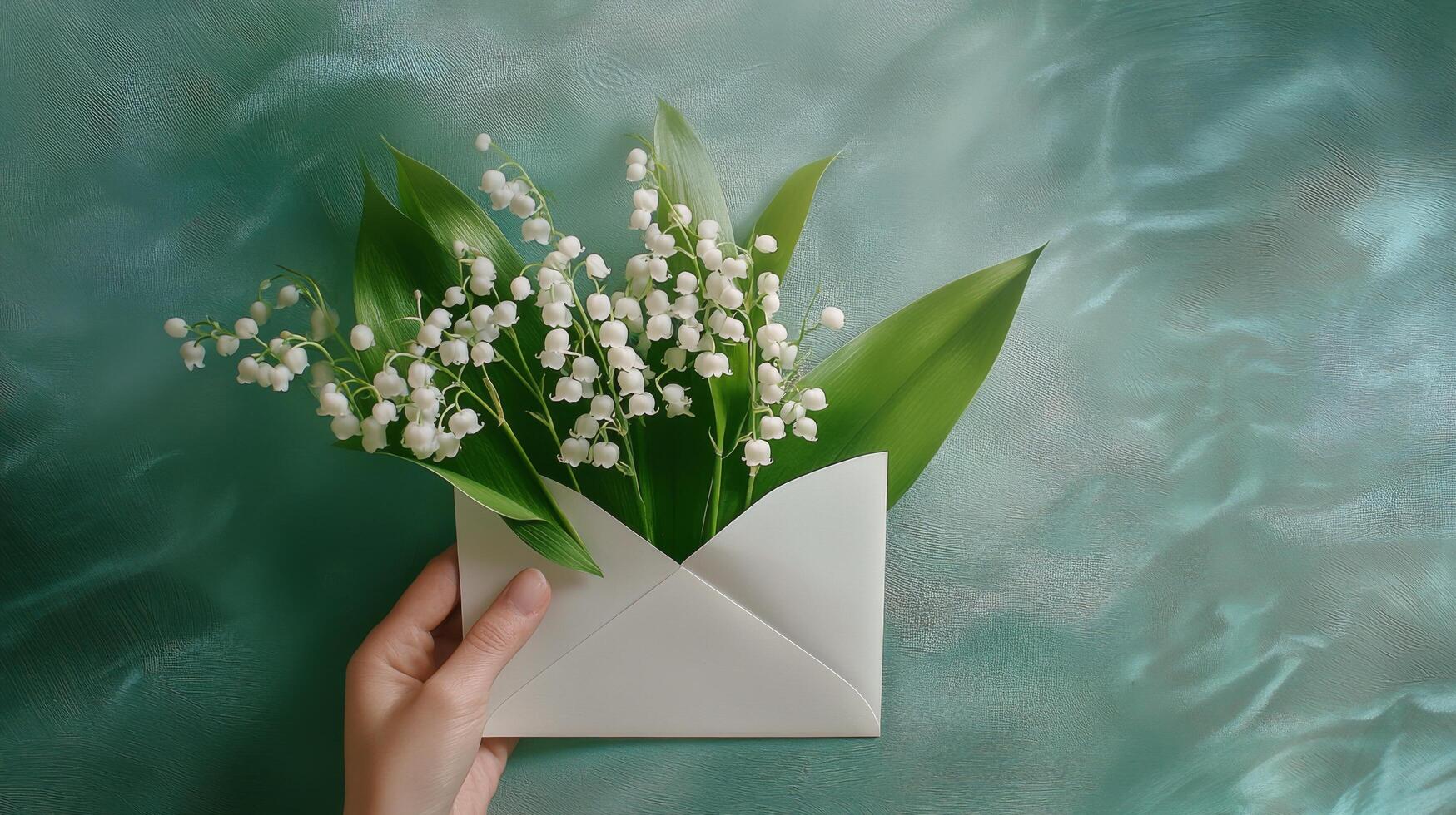 Fresh lilies of the valley bouquet arranged with a white envelope on green leaves photo