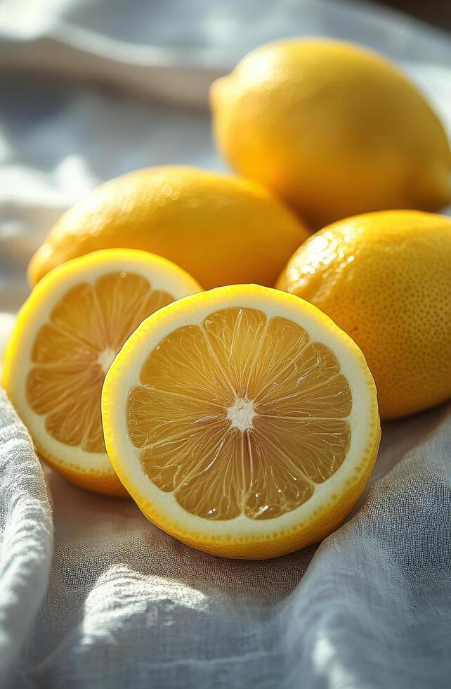 Fresh lemons on a soft cloth with one sliced in half showcasing juicy segments photo