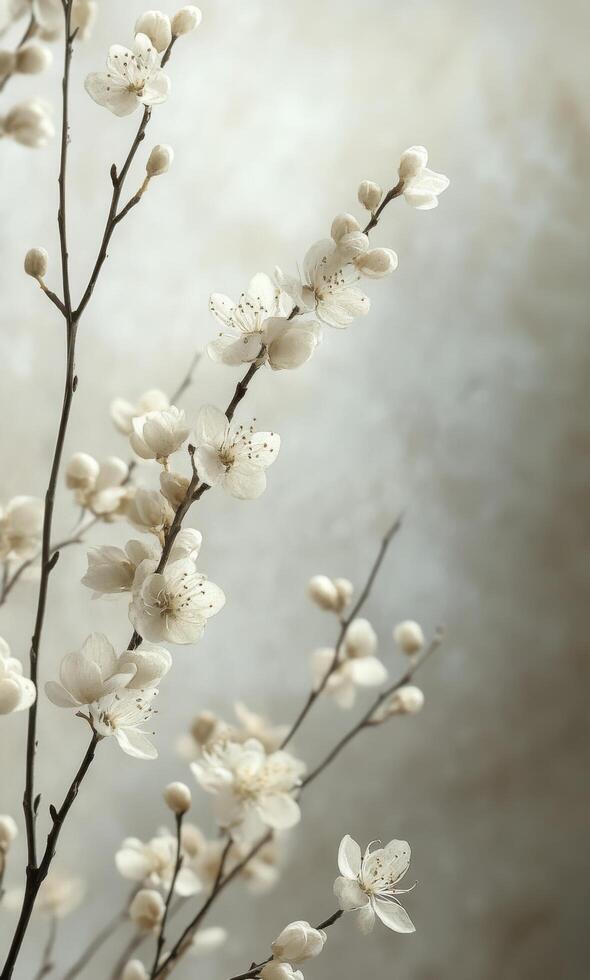 White fluffy flowers on a slender branch against a soft neutral background photo
