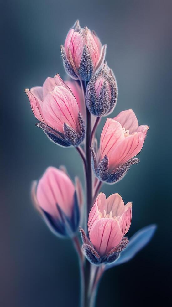 Beautiful pink flowers with intricate details against a soft blue background photo
