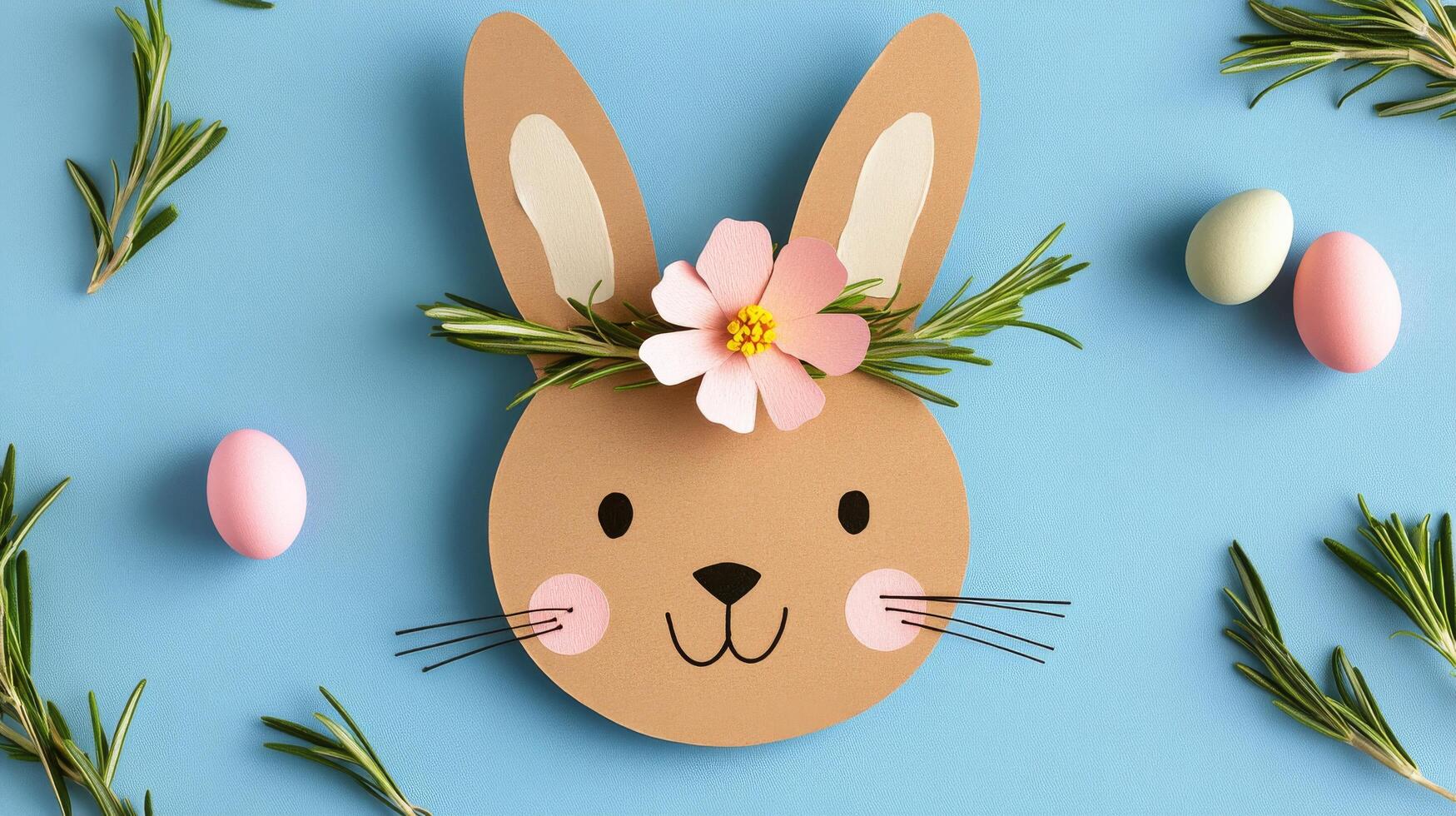 Creative Easter table decoration featuring a bunny with floral crown and pastel eggs photo