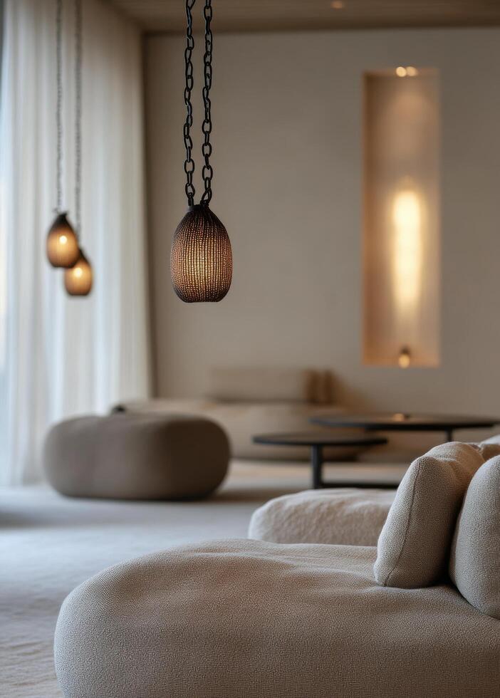 Elegant modern interior featuring stylish lighting and comfortable seating in a serene atmosphere photo