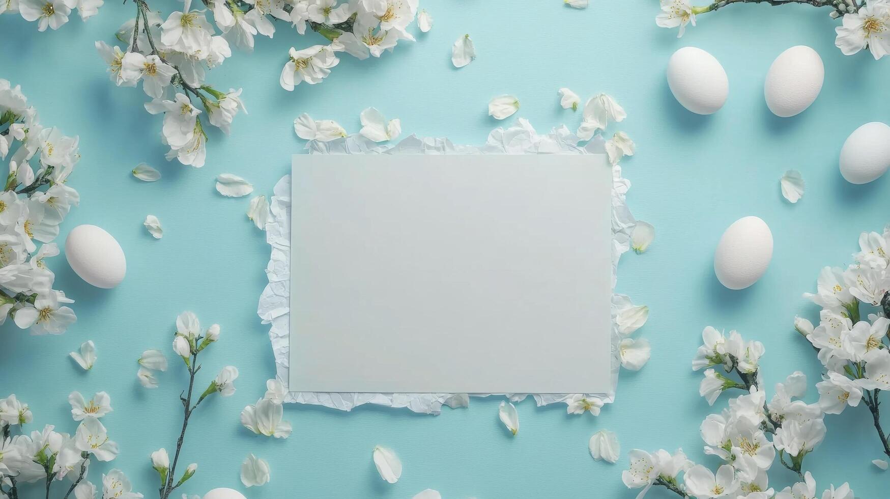 Spring floral arrangement featuring blank paper, eggs, and a bee on a blue background photo