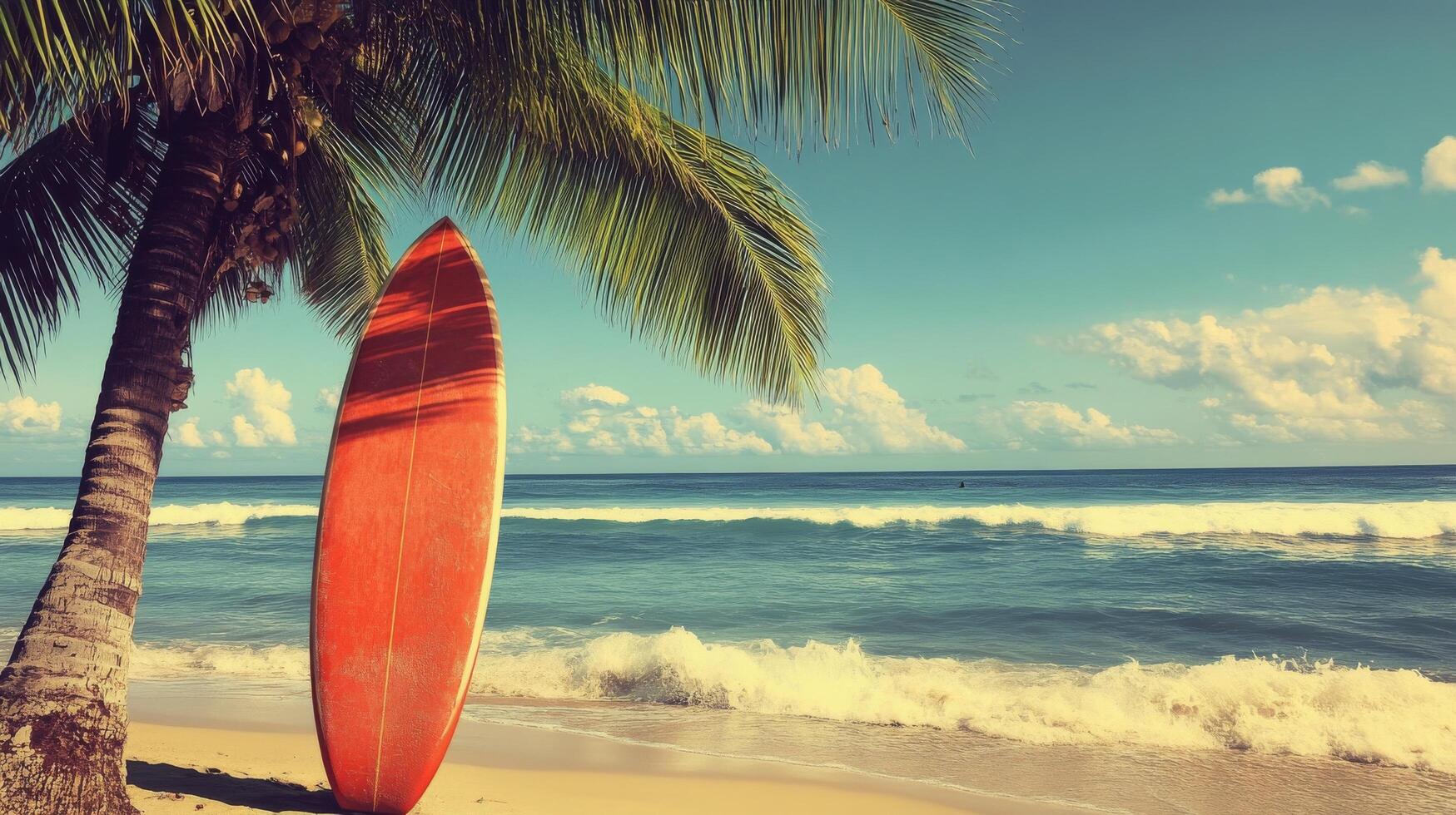 Surfboard resting under palm trees on a quiet beach at sunrise in a tropical paradise photo