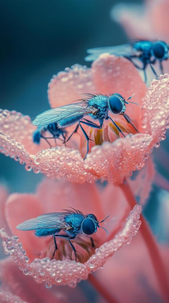 Vibrant blue flies resting on dewy pink flowers in a garden during springtime photo