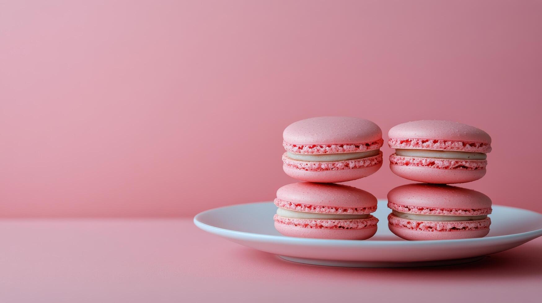Four delicious pink macarons displayed on a white plate against a soft pink background photo