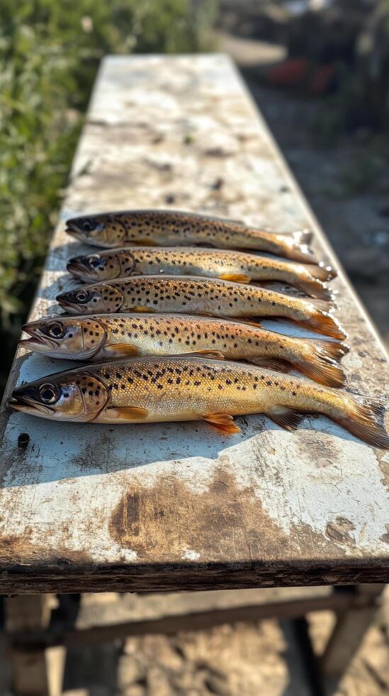 Freshly Caught Brown Trout Displayed on a Rustic Table by the Riverbank in Early Morning Light photo