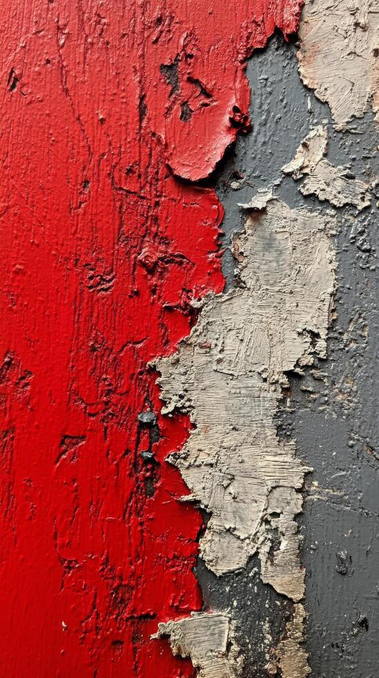 Textured wall with red, white, and gray paint peeling in artistic patterns photo