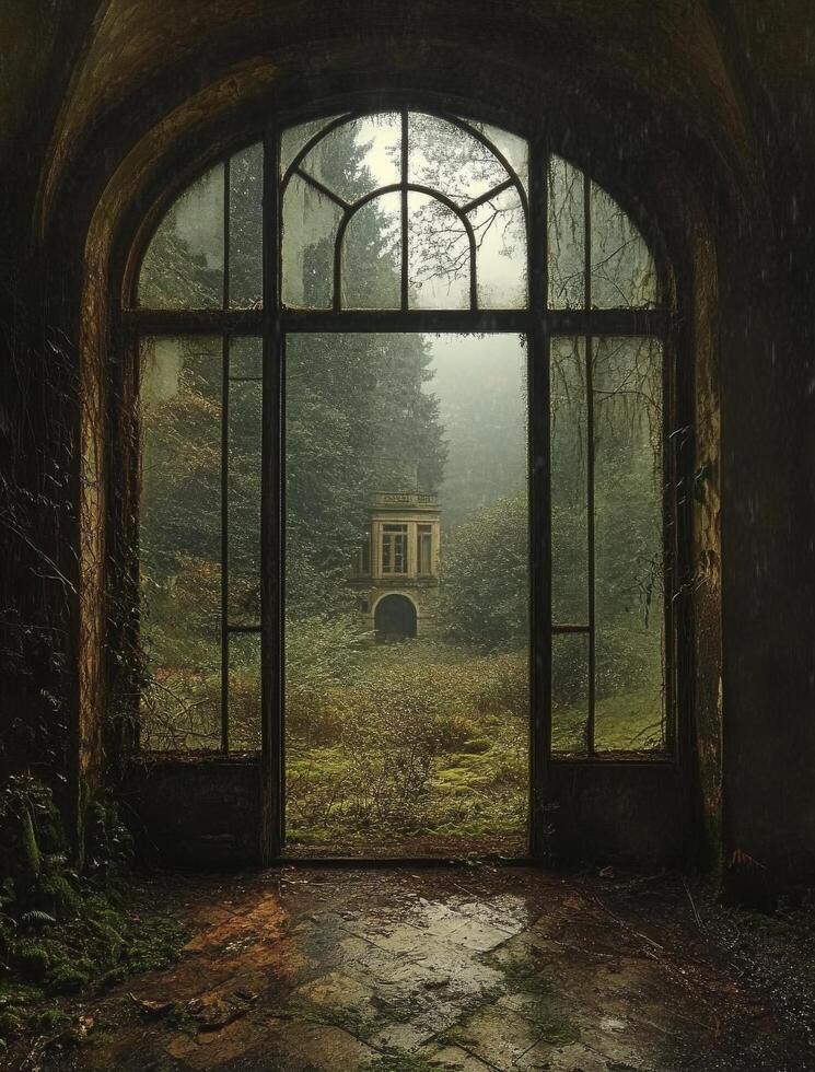 Overgrown mansion seen through a large arched window with natural light and greenery photo
