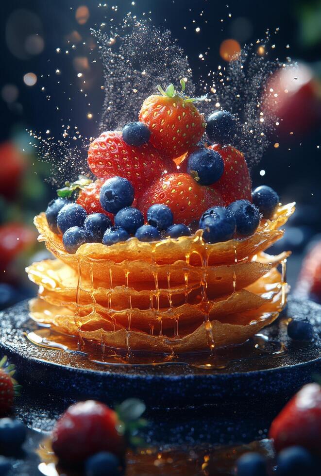 Delicious stack of pancakes topped with berries and syrup in a creative presentation photo