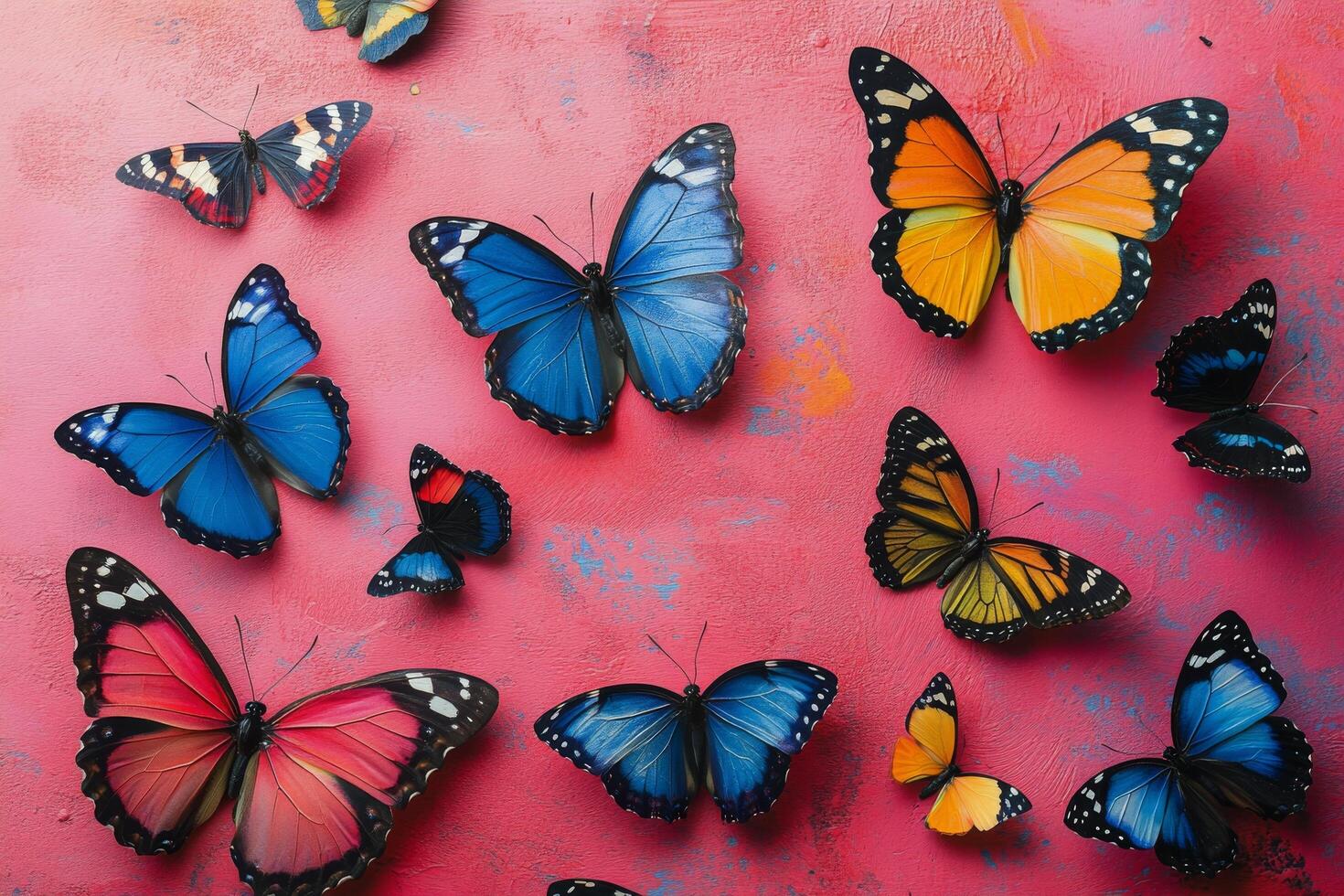 Colorful butterflies arranged beautifully against a vibrant pink background in a striking display of nature photo