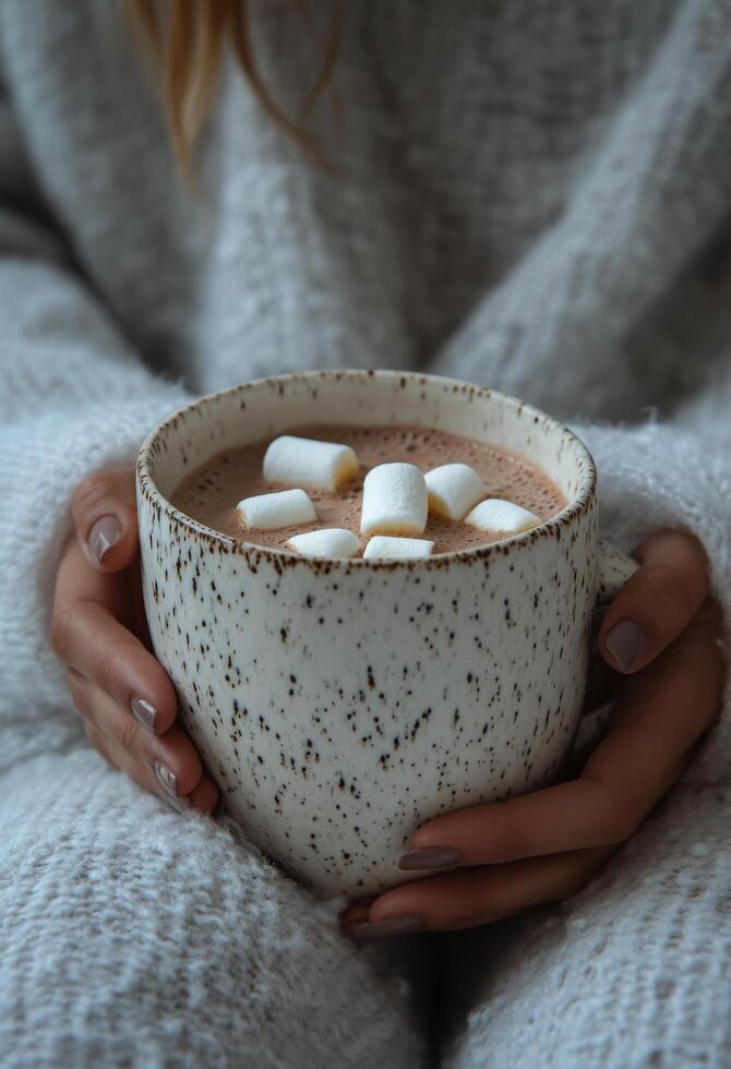 Warm cozy drink with marshmallows held by a person in soft textured sweater indoors during winter photo