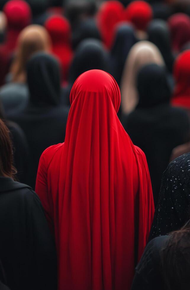 Bright red scarf stands out in a crowd of black-clad individuals during a solemn gathering photo