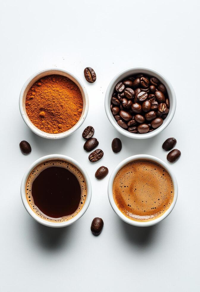 Different stages of coffee preparation with ground coffee and brewed coffee photo