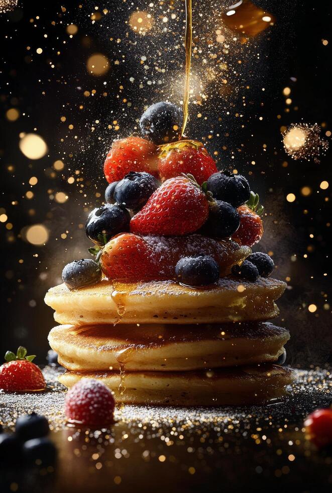 Delicious stack of pancakes topped with berries and syrup in a creative presentation photo