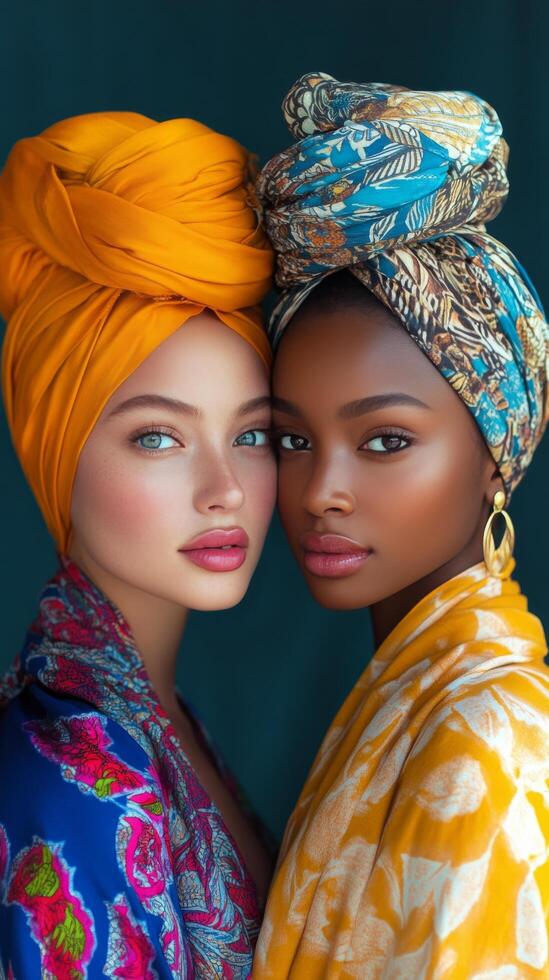 Portrait of two women in vibrant headwraps showcasing diverse beauty and friendship photo