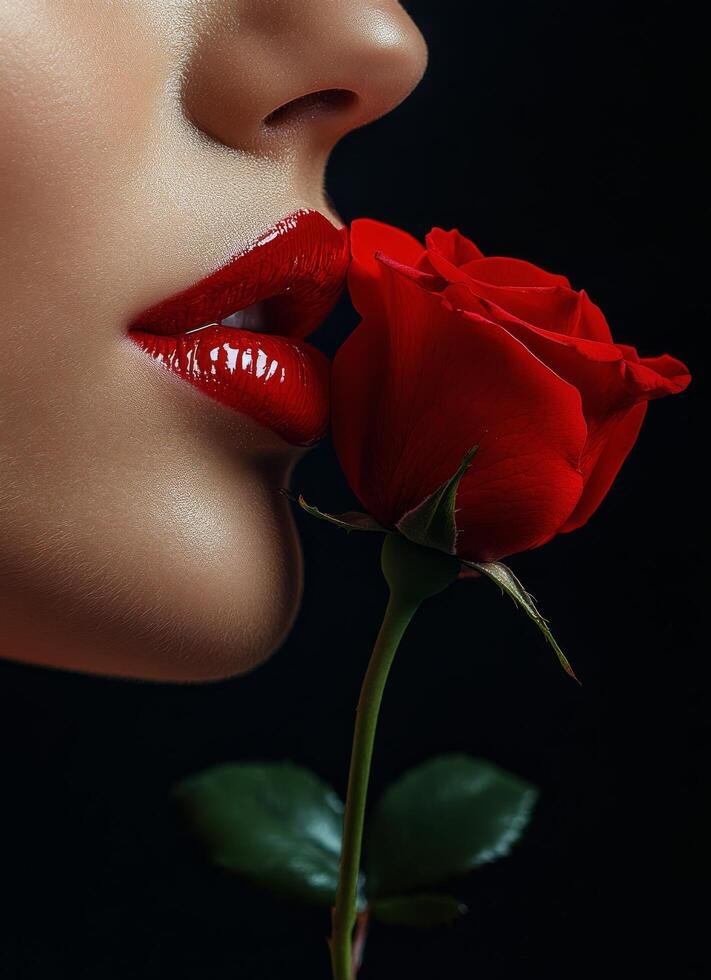 Captivating close-up of lips and red rose highlighting beauty and elegance photo