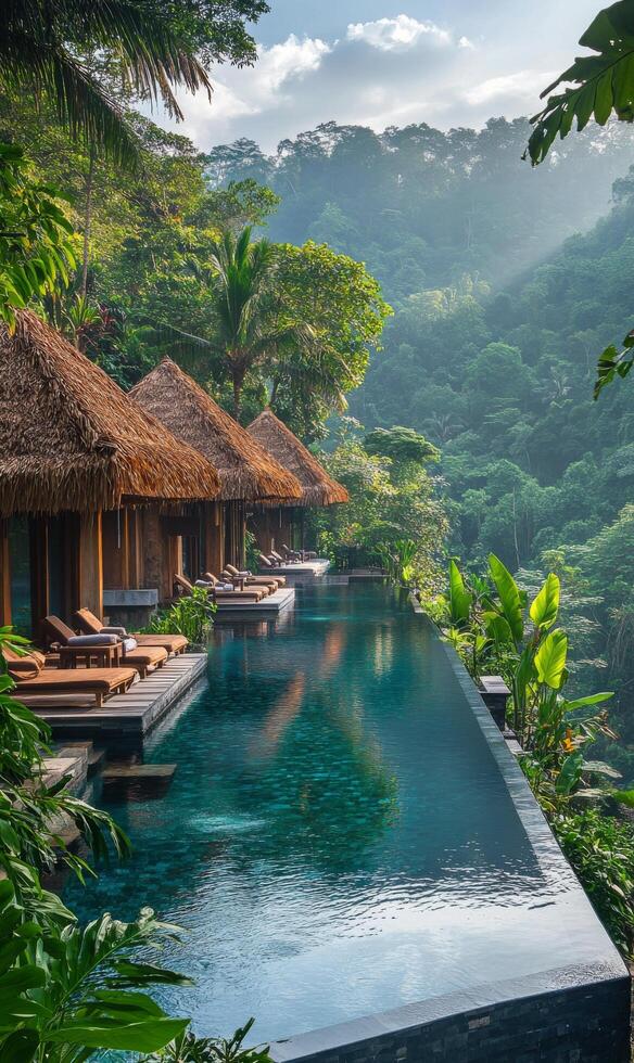 Luxurious hillside retreat with pool and lush greenery in tranquil setting photo